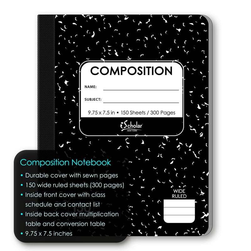 iScholar Composition Book, 150 Sheets, Wide Ruled, 9.75 x 7.5-Inches, Black Marble Cover (10150) - Image 3